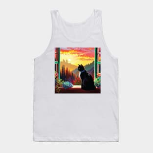 Tuxedo Cat in Window at Sunset Tank Top